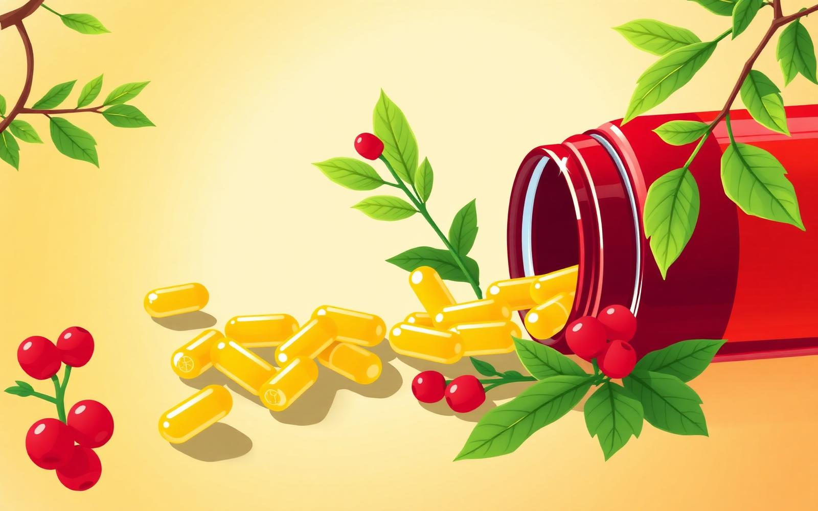 Yellow berberine capsules with red barberry berries and leaves